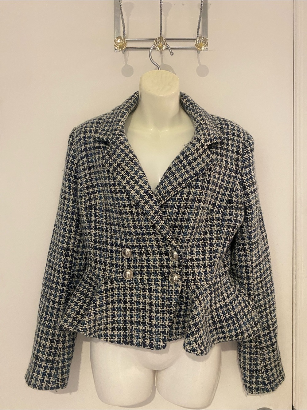 GUESS Navy & White Houndstooth Peplum Tweed lined Blazer Size 8